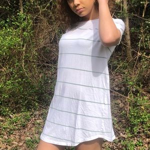 White T-shirt dress w/green stripes